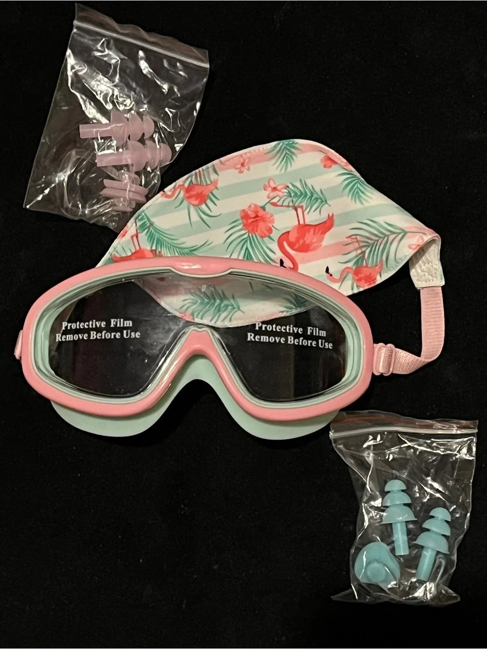 Pixel Panda Kids Flamingo Swim Goggles Set Cap Ear Plugs Nose Clip New